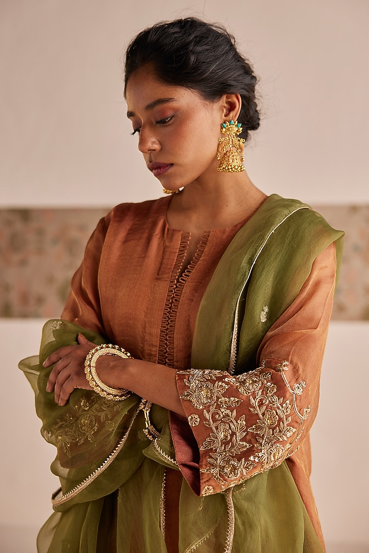Bronze Organza Tissue Zardosi Embroidered Kurta Set by Esha Arora at Pernia's Pop Up Shop