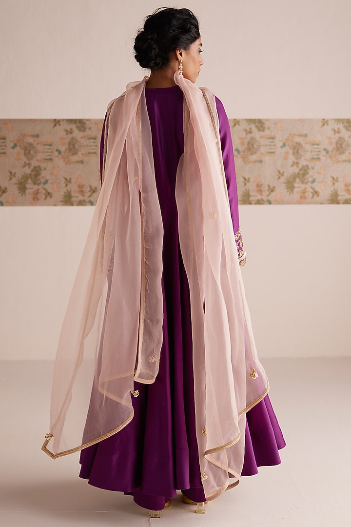 Purple Chanderi Silk Zardosi Embroidered Wedding Anarkali Set by Esha Arora at Pernia's Pop Up Shop