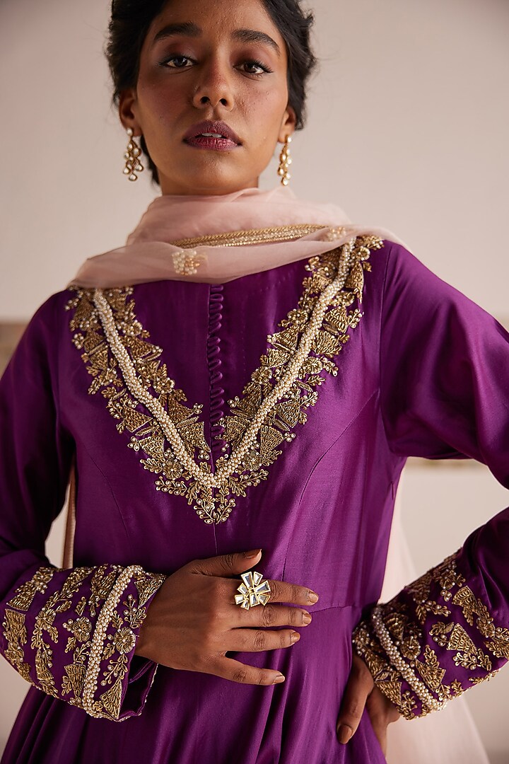 Purple Chanderi Silk Zardosi Embroidered Wedding Anarkali Set by Esha Arora at Pernia's Pop Up Shop