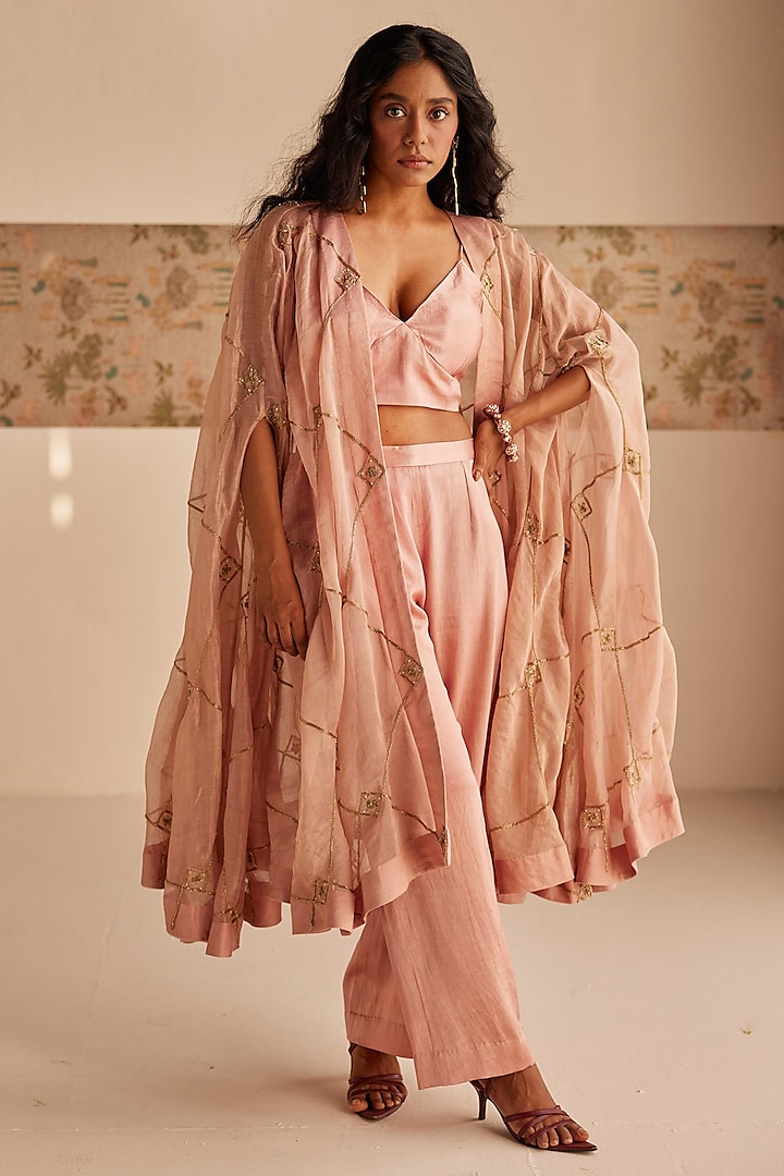 Blush Pink Chanderi Tissue & Cotton Satin Zardosi Embroidered Cape Set by Esha Arora