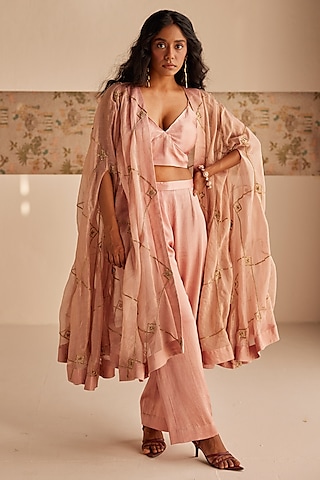 Blush Pink Chanderi Tissue & Cotton Satin Zardosi Embroidered Cape Set by Esha Arora