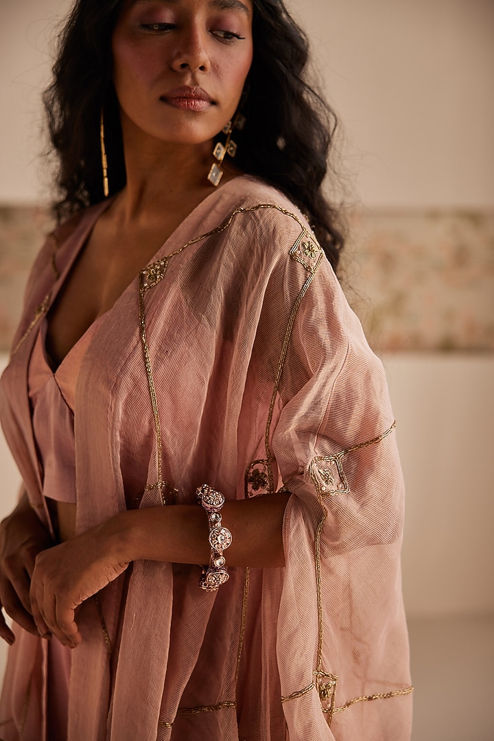Blush Pink Chanderi Tissue & Cotton Satin Zardosi Embroidered Cape Set by Esha Arora at Pernia's Pop Up Shop