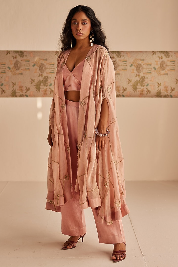 Blush Pink Chanderi Tissue & Cotton Satin Zardosi Embroidered Cape Set by Esha Arora at Pernia's Pop Up Shop