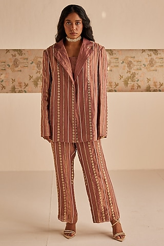 Bronze Chanderi Tissue Zardosi Embroidered Blazer Set by Esha Arora