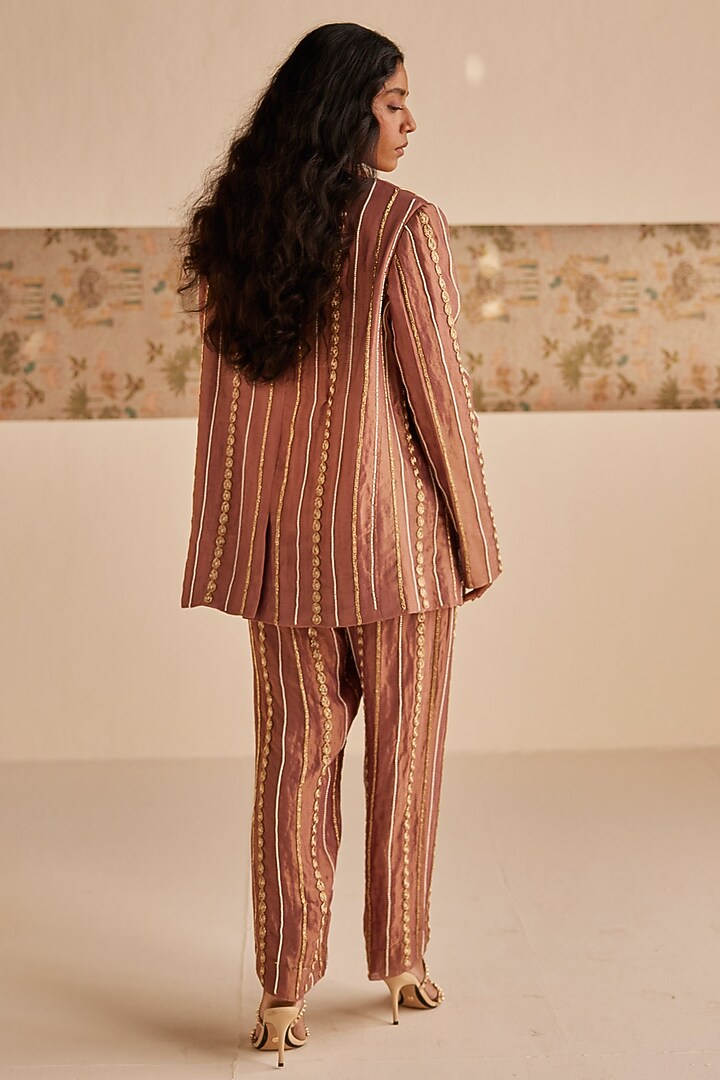 Bronze Chanderi Tissue Zardosi Embroidered Blazer Set by Esha Arora at Pernia's Pop Up Shop