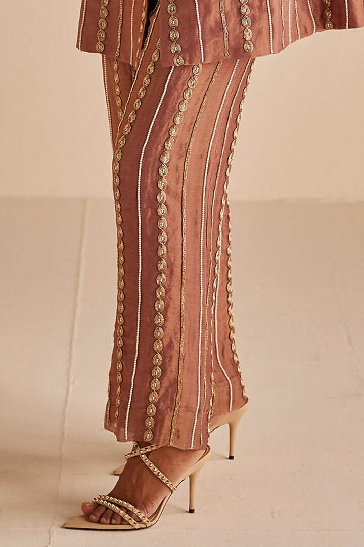Bronze Chanderi Tissue Zardosi Embroidered Blazer Set by Esha Arora at Pernia's Pop Up Shop