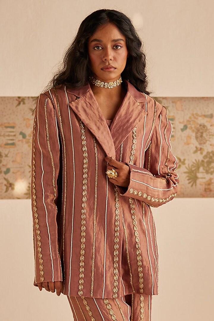 Bronze Chanderi Tissue Zardosi Embroidered Blazer Set by Esha Arora at Pernia's Pop Up Shop