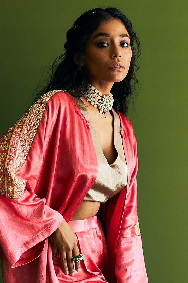 Pink Hand Embroidered Jacket Set by Esha Arora at Pernia's Pop Up Shop