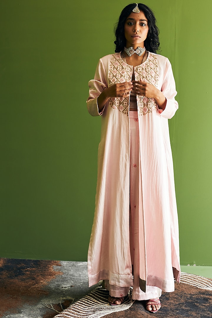 Blush Pink Embroidered Jacket Set by Esha Arora