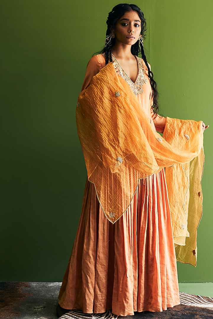 Caramel Silk Chanderi Dori Embroidered Pleated Wedding Anarkali Set by Esha Arora at Pernia's Pop Up Shop