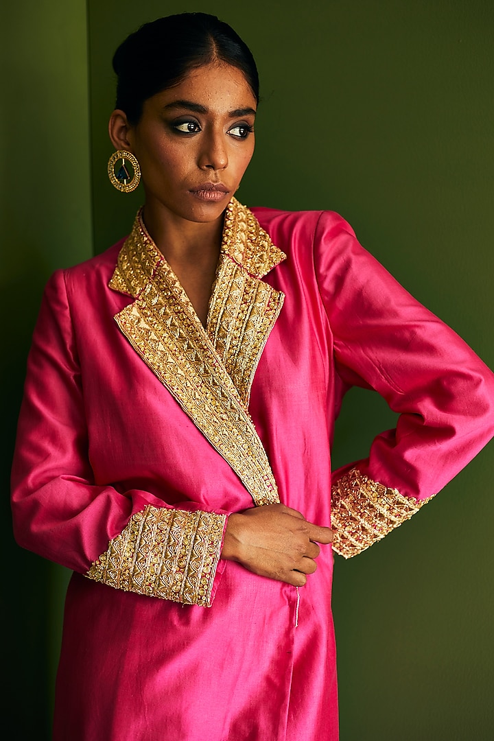 Fuchsia Hand Embroidered Jacket Set by Esha Arora at Pernia's Pop Up Shop