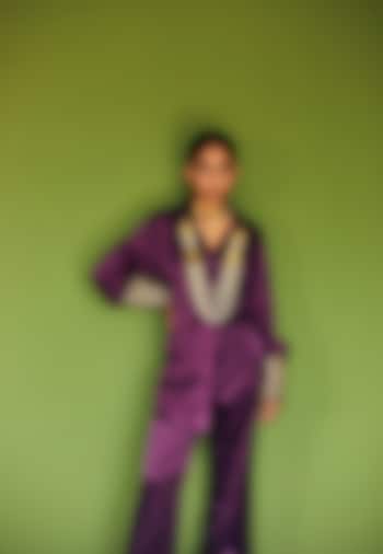 Purple Cotton Satin Pant Set by Esha Arora