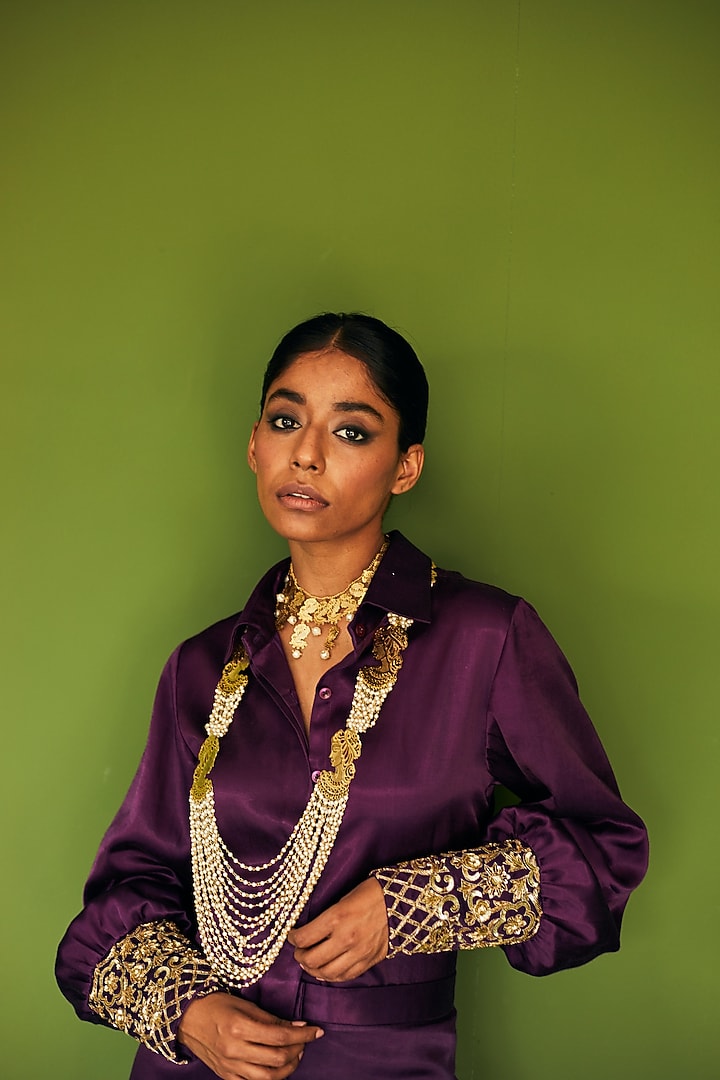 Purple Cotton Satin Pant Set by Esha Arora at Pernia's Pop Up Shop