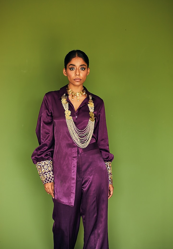 Purple Cotton Satin Pant Set by Esha Arora at Pernia's Pop Up Shop