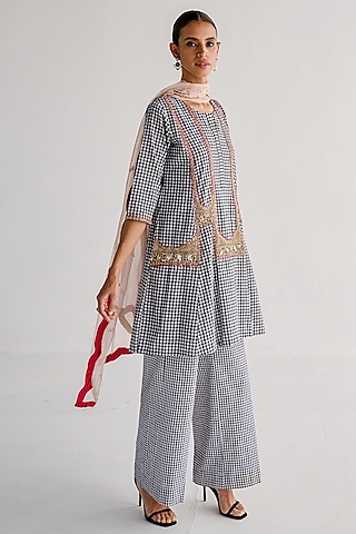 Black Cotton & Organza Embroidered Anarkali Set by Esha Arora