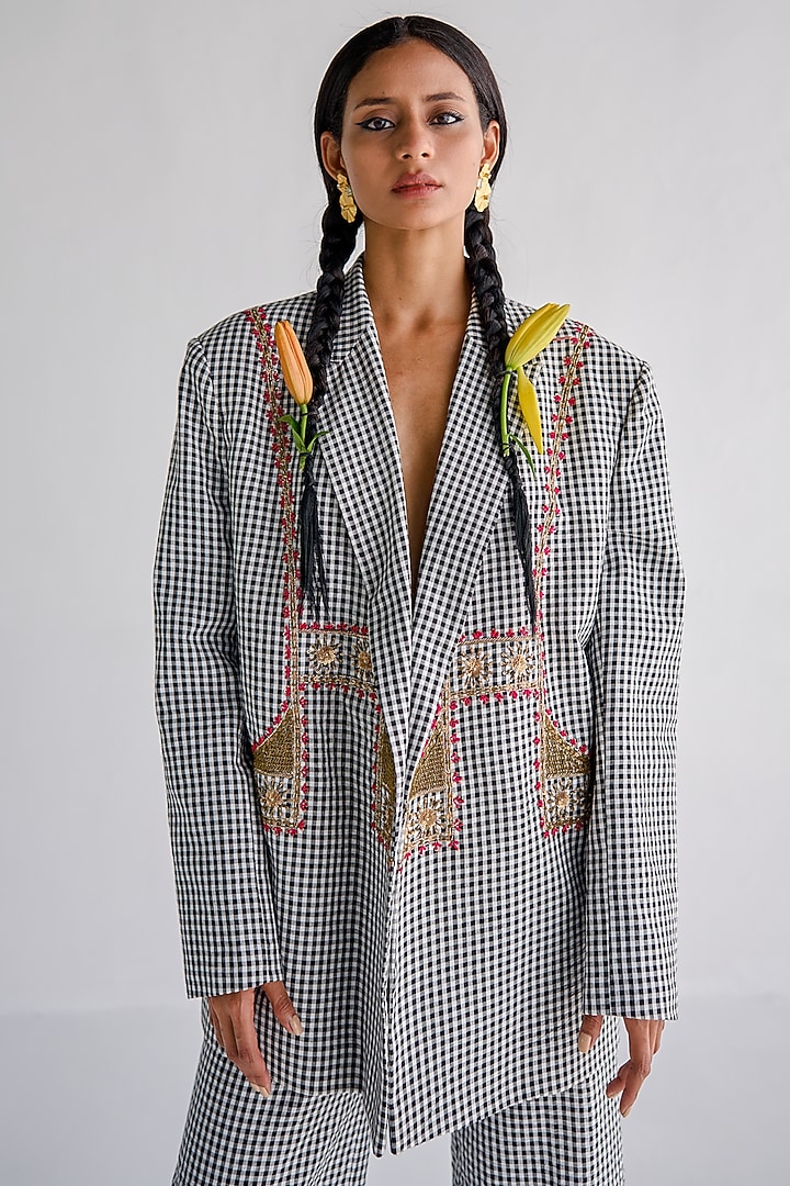 Black Cotton Printed Blazer Set by Esha Arora at Pernia's Pop Up Shop