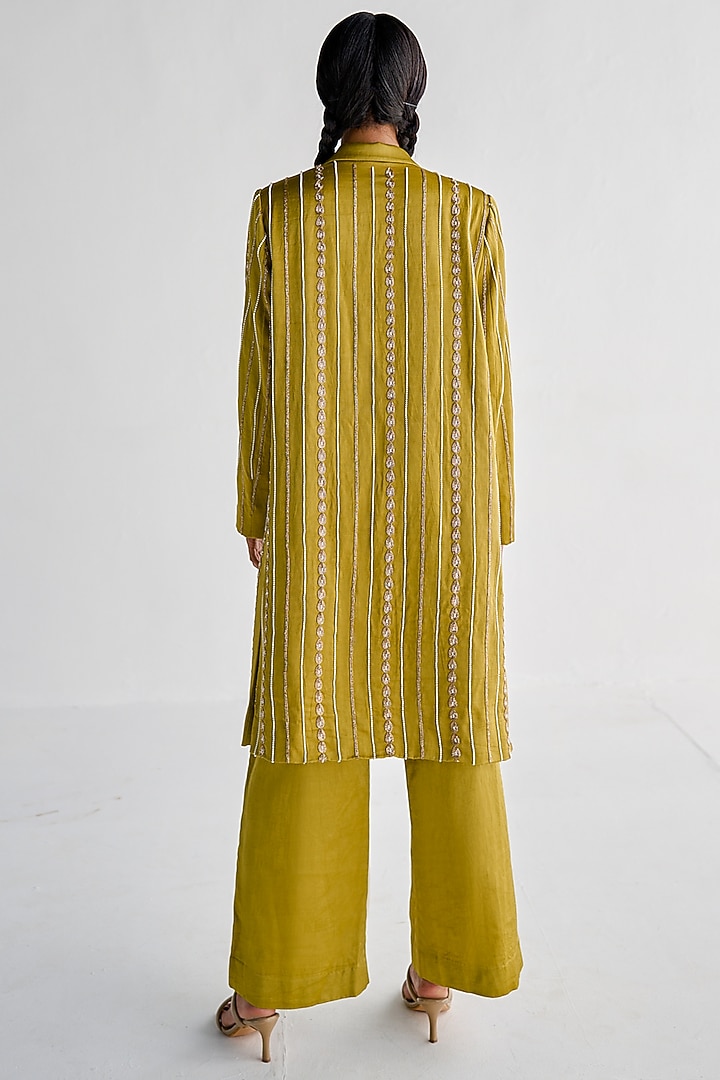 Lime Green Mashru Satin Embroidered Jacket Set by Esha Arora at Pernia's Pop Up Shop
