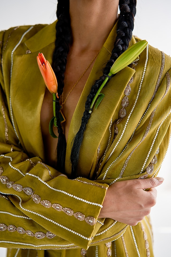 Lime Green Mashru Satin Embroidered Jacket Set by Esha Arora at Pernia's Pop Up Shop