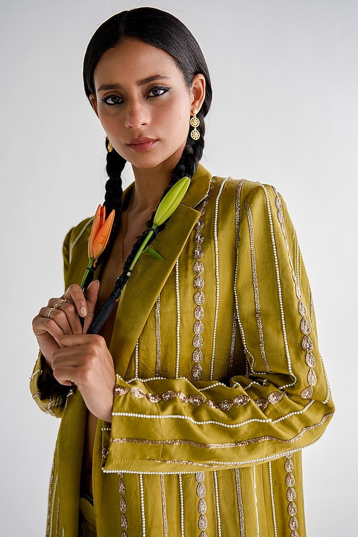 Lime Green Mashru Satin Embroidered Jacket Set by Esha Arora at Pernia's Pop Up Shop
