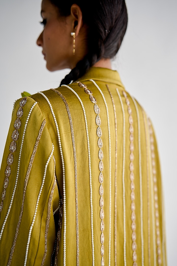 Lime Green Mashru Satin Embroidered Jacket Set by Esha Arora at Pernia's Pop Up Shop