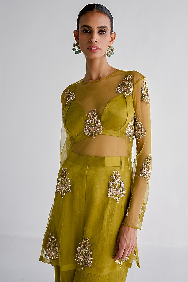 Lime Net Embroidered Kurta Set by Esha Arora at Pernia's Pop Up Shop