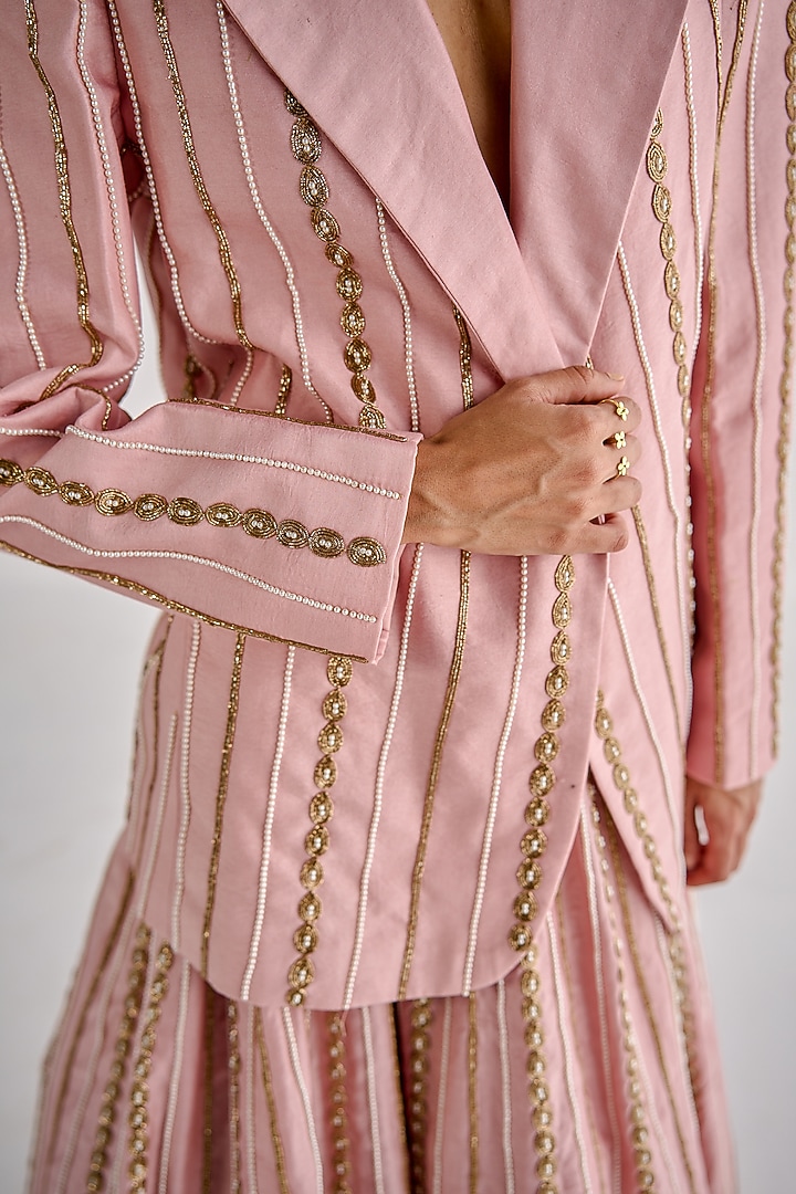 Blush Pink Silk Chanderi Embroidered Wedding Lehenga Set by Esha Arora at Pernia's Pop Up Shop