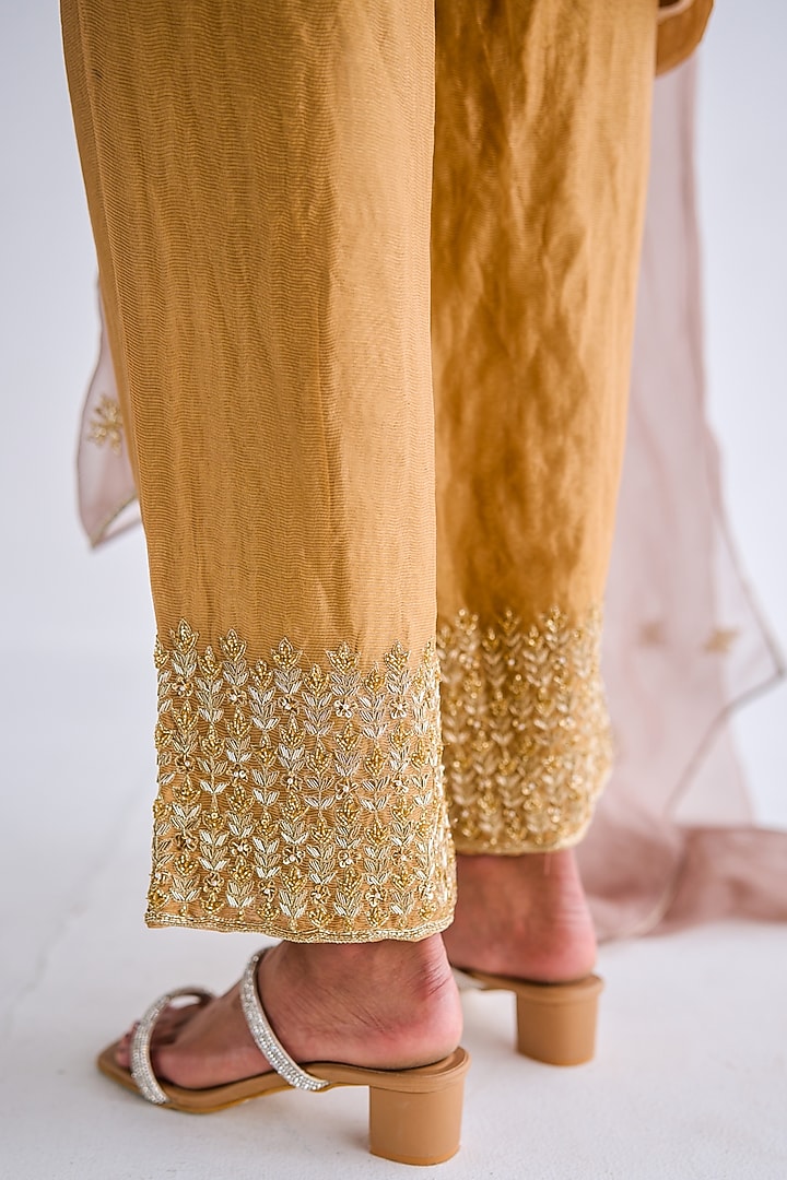 Gold Cotton Satin Embroidered Kurta Set by Esha Arora at Pernia's Pop Up Shop