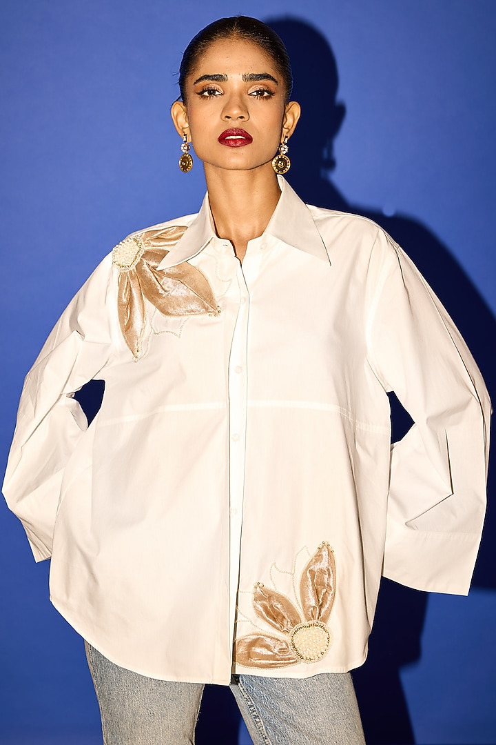 White Cotton Floral Embroidered Shirt by Esha Arora at Pernia's Pop Up Shop