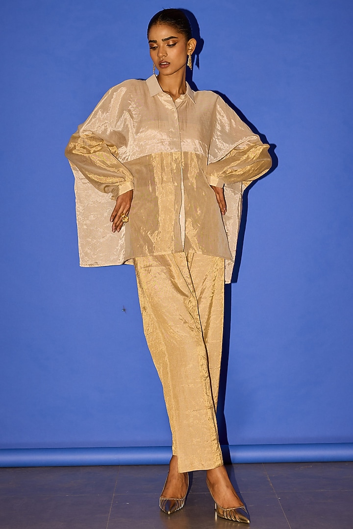 Gold Pure Tissue Patchwork Co-ord Set by Esha Arora at Pernia's Pop Up Shop