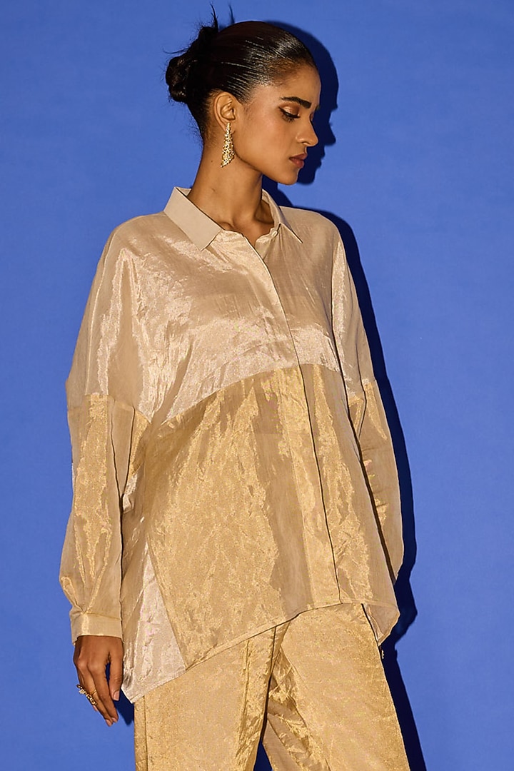 Gold Pure Tissue Patchwork Co-ord Set by Esha Arora at Pernia's Pop Up Shop