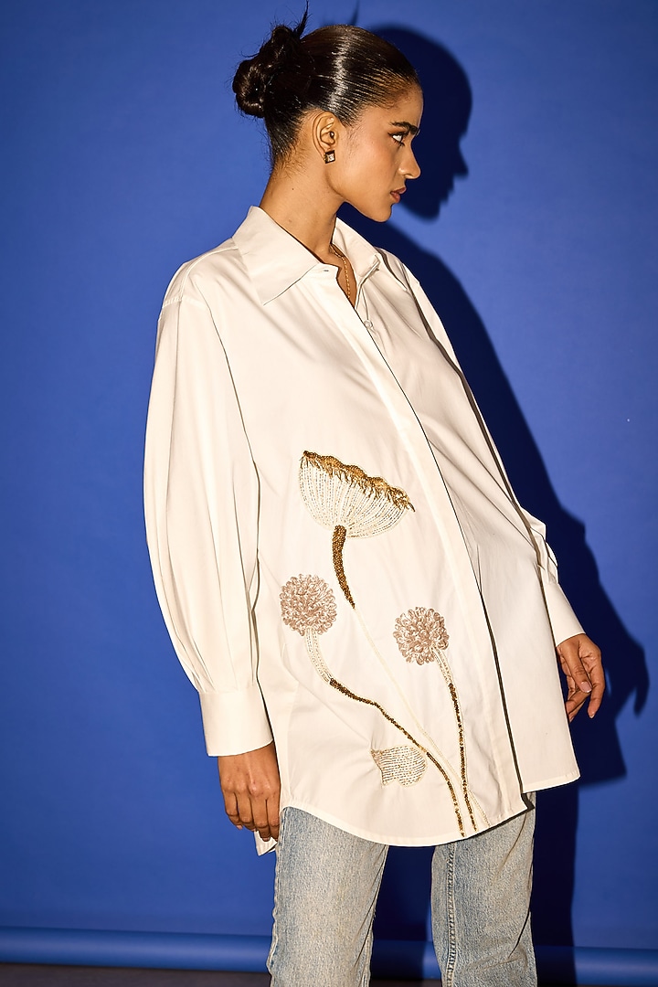 White Cotton Embroidered Oversized Shirt by Esha Arora at Pernia's Pop Up Shop