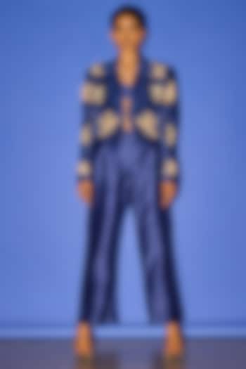 Blue Silk Floral Embroidered Blazer Set by Esha Arora at Pernia's Pop Up Shop