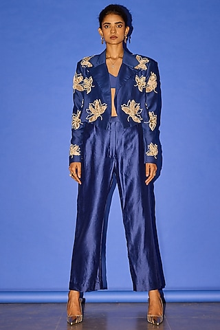 Blue Silk Floral Embroidered Blazer Set by Esha Arora