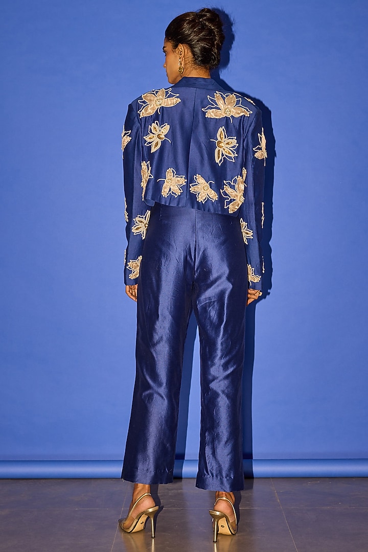 Blue Silk Floral Embroidered Blazer Set by Esha Arora at Pernia's Pop Up Shop