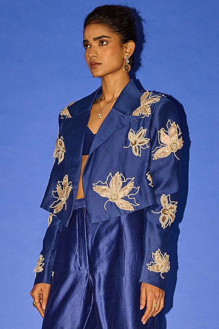 Blue Silk Floral Embroidered Blazer Set by Esha Arora at Pernia's Pop Up Shop
