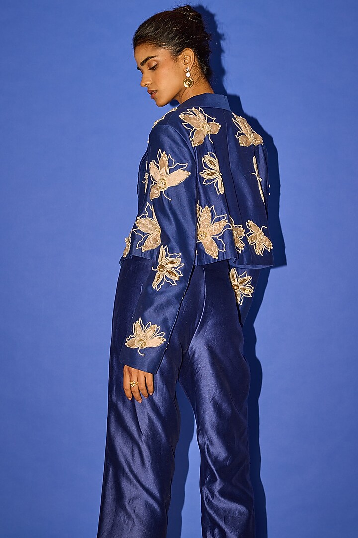 Blue Silk Floral Embroidered Blazer Set by Esha Arora at Pernia's Pop Up Shop
