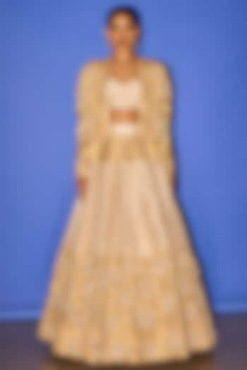 Golden Pure Tissue Floral Embroidered Jacket Wedding Lehenga Set by Esha Arora at Pernia's Pop Up Shop