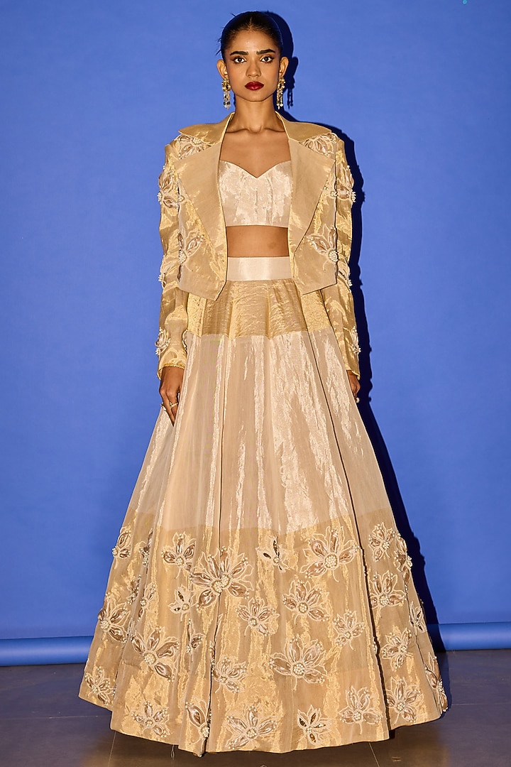 Golden Pure Tissue Floral Embroidered Jacket Wedding Lehenga Set by Esha Arora at Pernia's Pop Up Shop