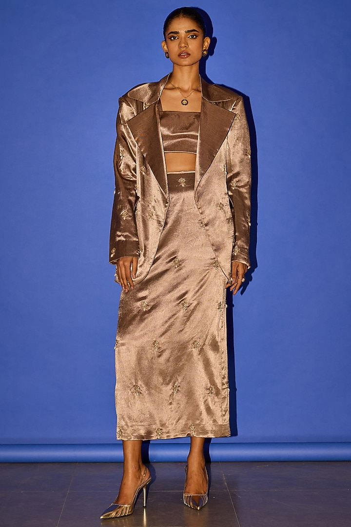 Brown Cotton Satin Oversized Blazer Set by Esha Arora at Pernia's Pop Up Shop