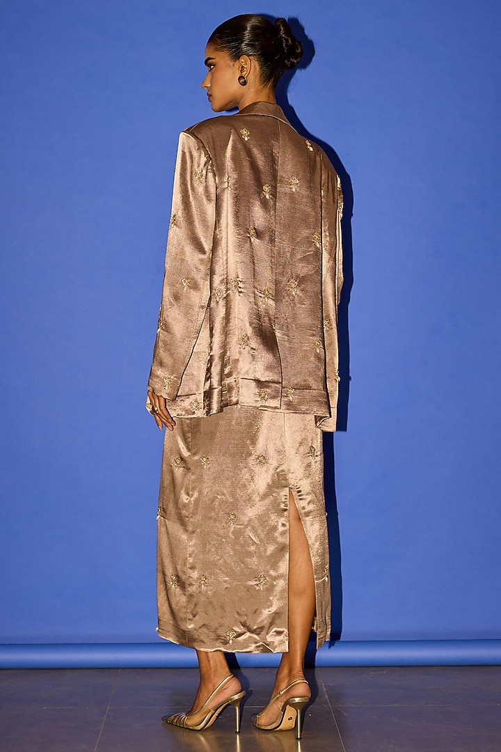 Brown Cotton Satin Oversized Blazer Set by Esha Arora at Pernia's Pop Up Shop