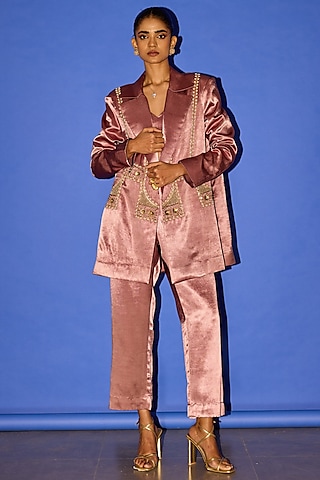 Pink Cotton Satin Embroidered Oversized Blazer Set by Esha Arora