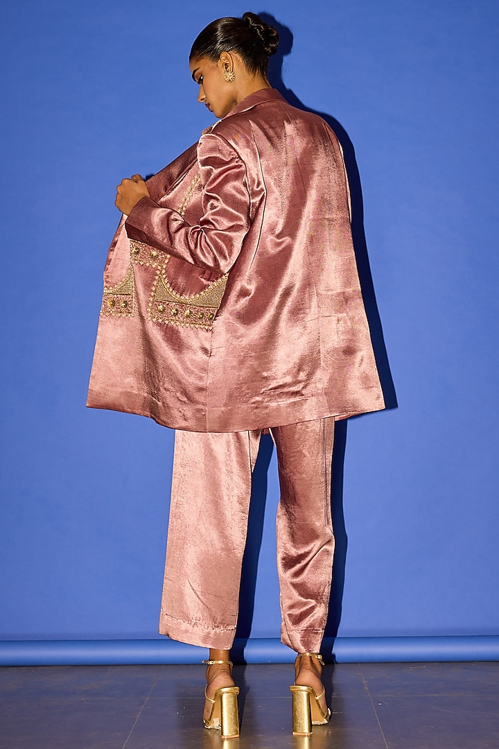 Pink Cotton Satin Embroidered Oversized Blazer Set by Esha Arora at Pernia's Pop Up Shop