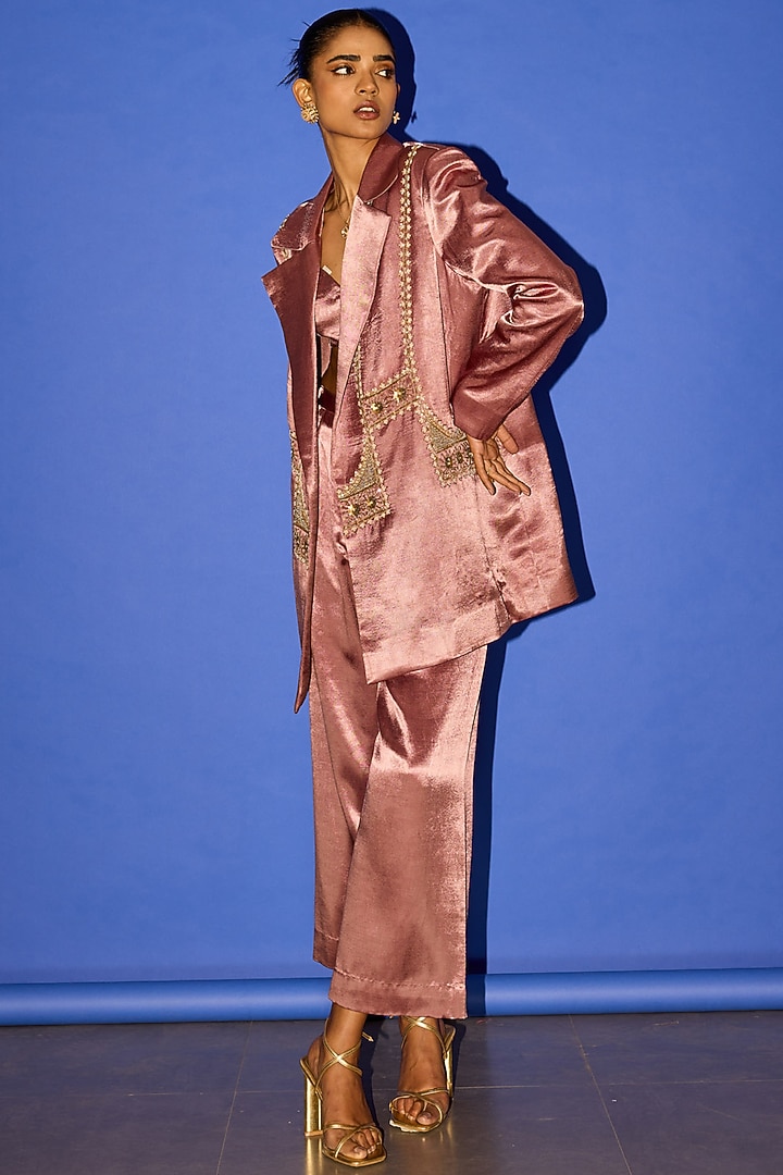 Pink Cotton Satin Embroidered Oversized Blazer Set by Esha Arora at Pernia's Pop Up Shop