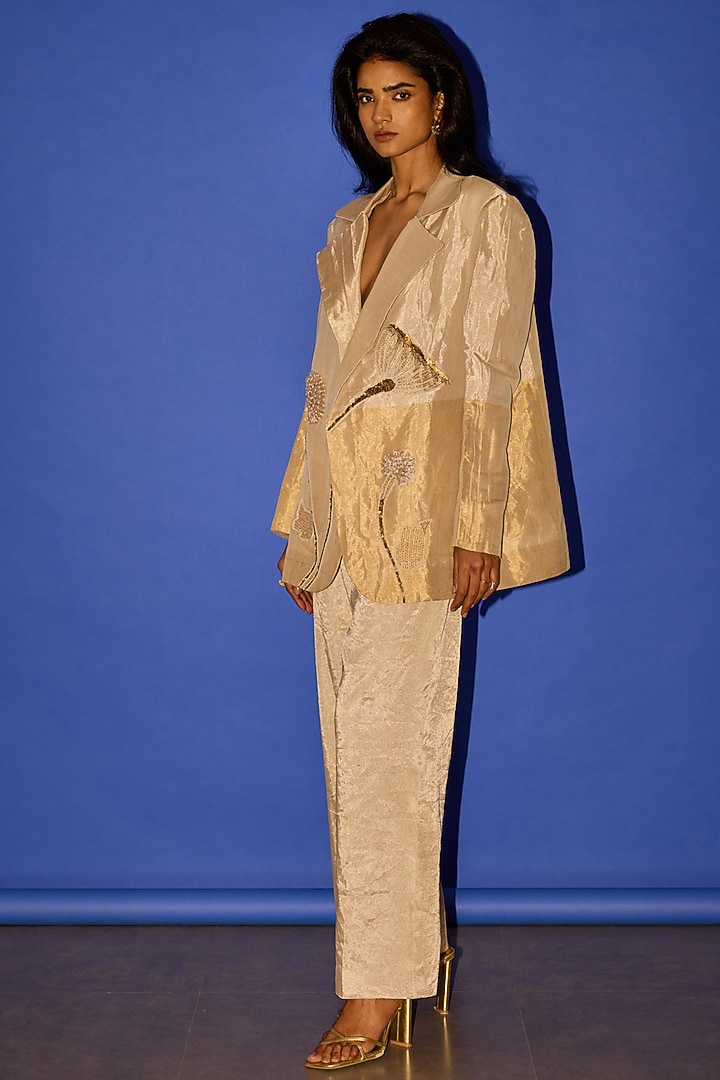 Gold Pure Tissue Embroidered Oversized Blazer Set by Esha Arora at Pernia's Pop Up Shop