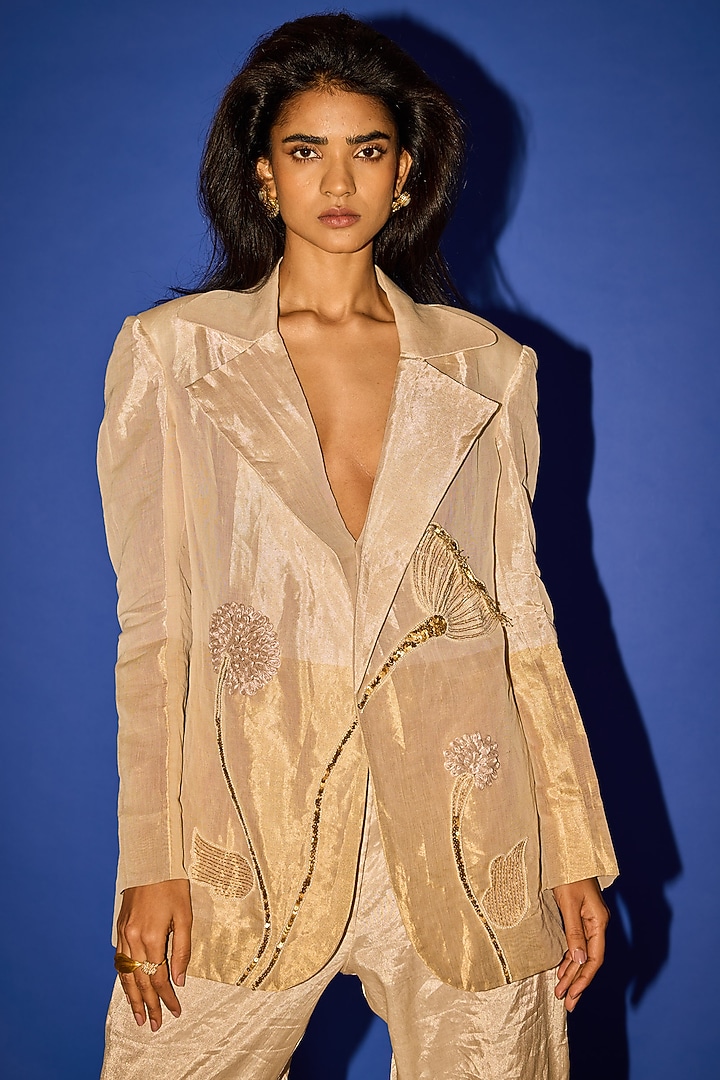 Gold Pure Tissue Embroidered Oversized Blazer Set by Esha Arora at Pernia's Pop Up Shop
