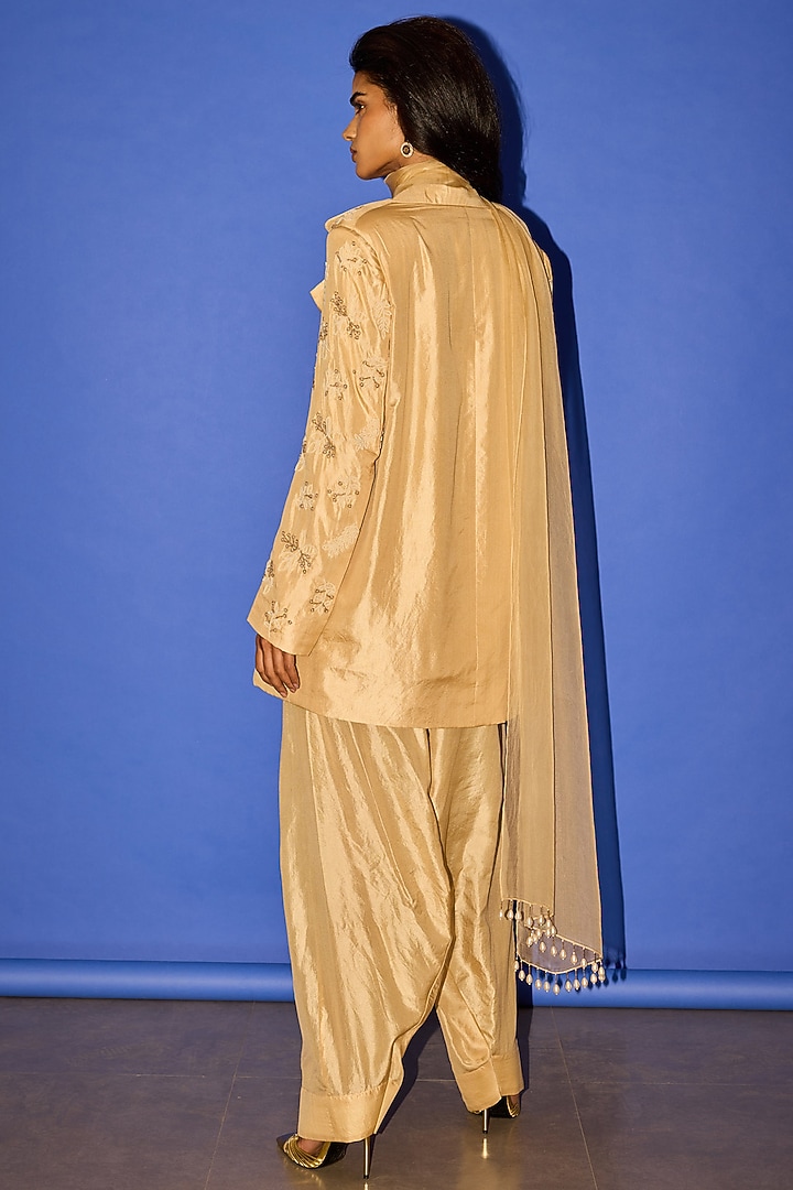 Cream Silk Pearl Motif Work Blazer Set by Esha Arora at Pernia's Pop Up Shop
