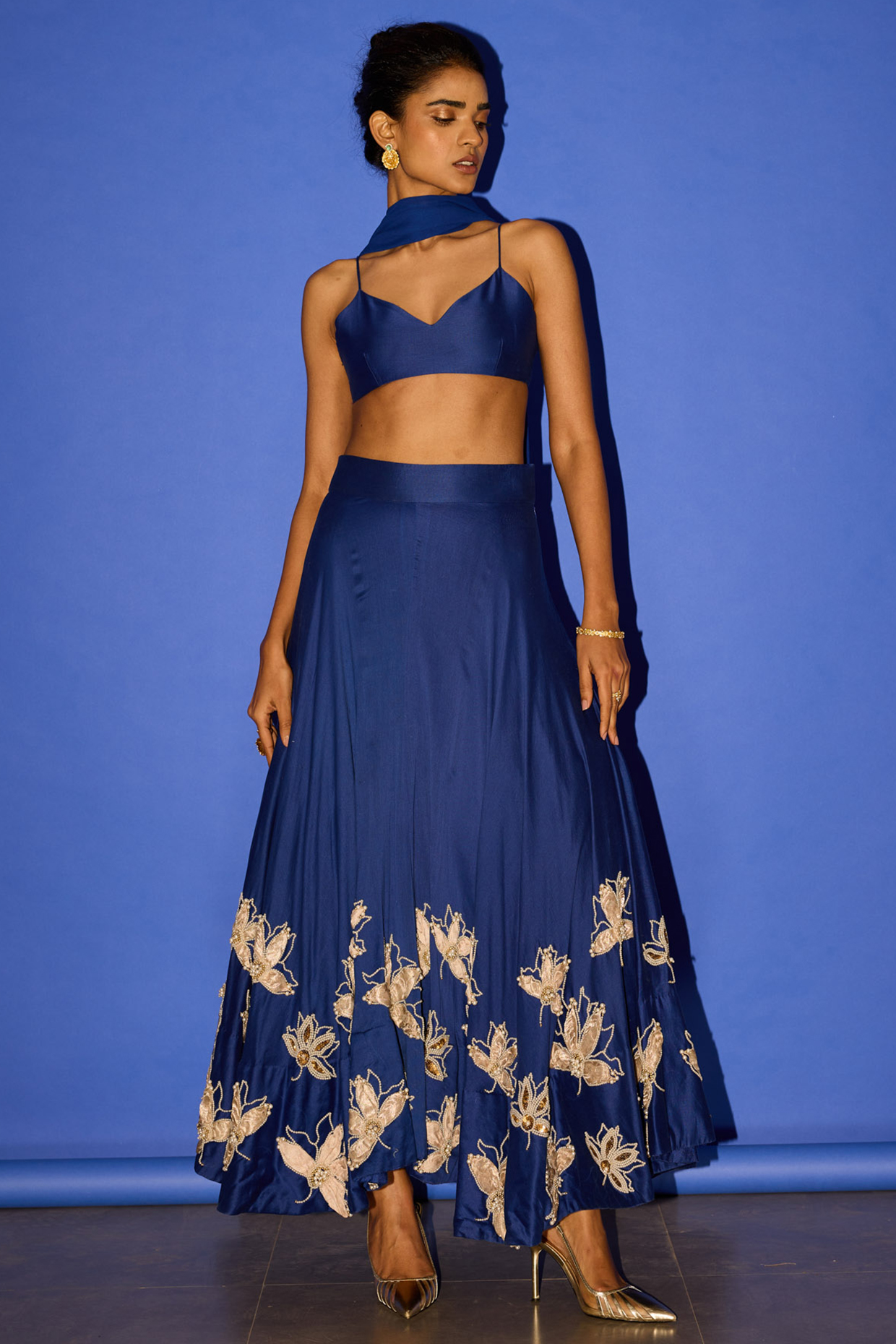 Blue Silk Floral Embroidered Wedding Lehenga Set by Esha Arora at Pernia's Pop Up Shop