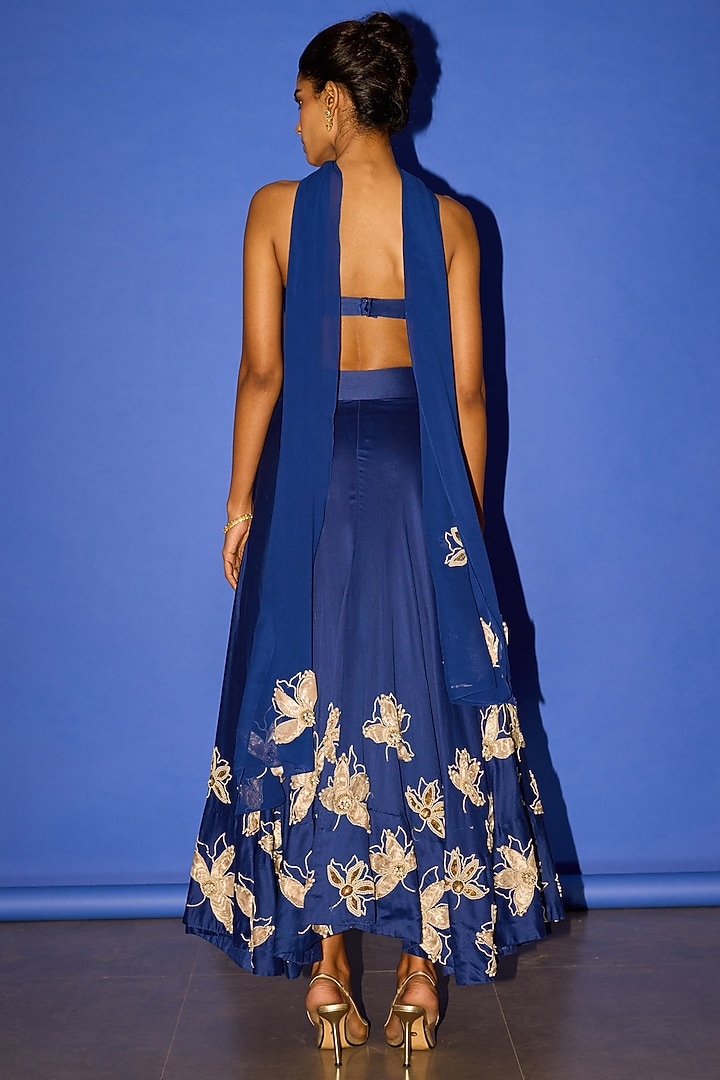 Blue Silk Floral Embroidered Wedding Lehenga Set by Esha Arora at Pernia's Pop Up Shop