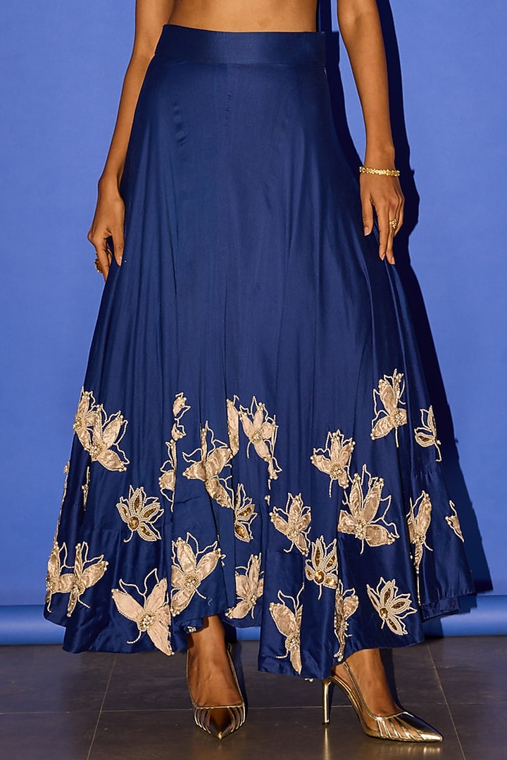 Blue Silk Floral Embroidered Wedding Lehenga Set by Esha Arora at Pernia's Pop Up Shop