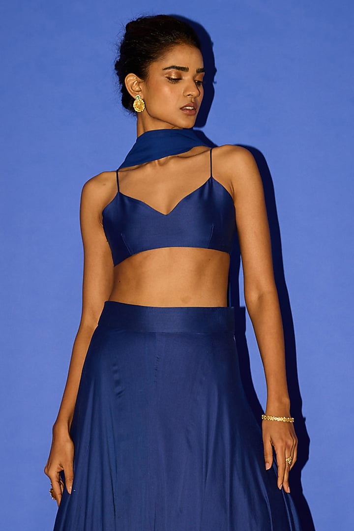 Blue Silk Floral Embroidered Wedding Lehenga Set by Esha Arora at Pernia's Pop Up Shop